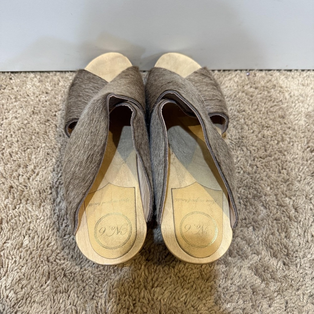 No.6 Clog Sandals Womens Size 12 Brown Haircalf Wooden Platform Wedge Slides - Picture 5 of 9